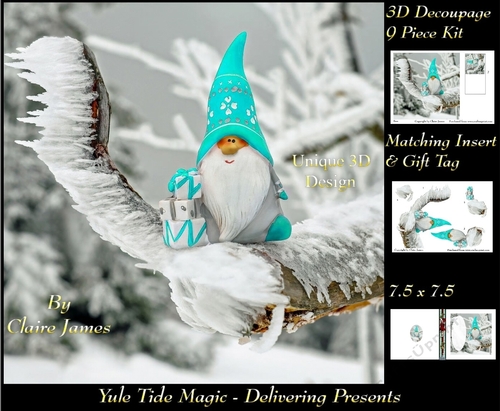 Yule Tide Magic -  Delivering Presents  - 3D Decoupage Unique Design kit + Insert & Gift Tag