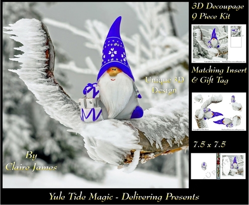 Yule Tide Magic -  Delivering Presents  - 3D Decoupage Unique Design kit + Insert & Gift Tag