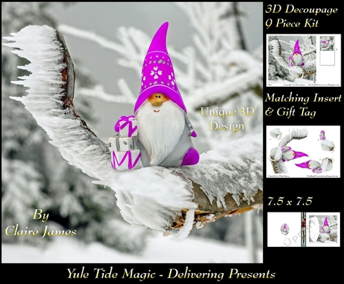 Yule Tide Magic -  Delivering Presents  - 3D Decoupage Unique Design kit + Insert & Gift Tag