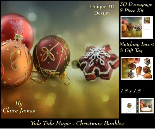 Yule Tide Magic -  Christmas Decorations  - 3D Decoupage Unique Design kit + Insert & Gift Tag