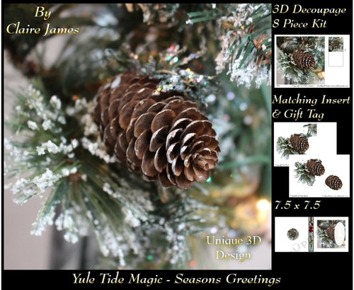Yule Tide Magic -  Christmas Frosted Fircone  - 3D Decoupage Unique Design kit + Insert & Gift Tag