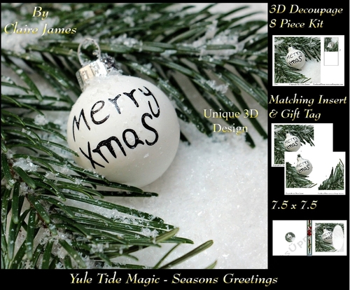 Yule Tide Magic -  Merry Christmas Bauble   - 3D Decoupage Unique Design kit + Insert & Gift Tag