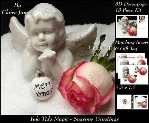 Yule Tide Magic -  Merry Christmas Cherub & Rose   - 3D Decoupage Unique Design kit + Insert & Gift Tag