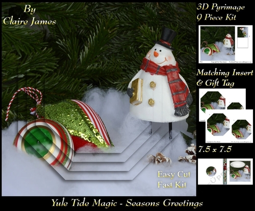 Yule Tide Magic - Christmas Decorations & Snowman - 3D Pyramid/pyrimage + Insert & Gift Tag