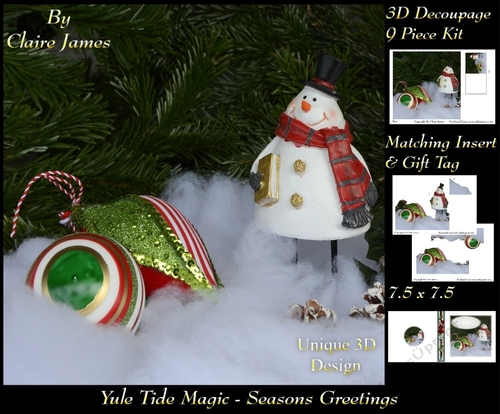 Yule Tide Magic - Christmas Decorations & Snowman - 3D Decoupage Unique Design kit + Insert & Gift Tag