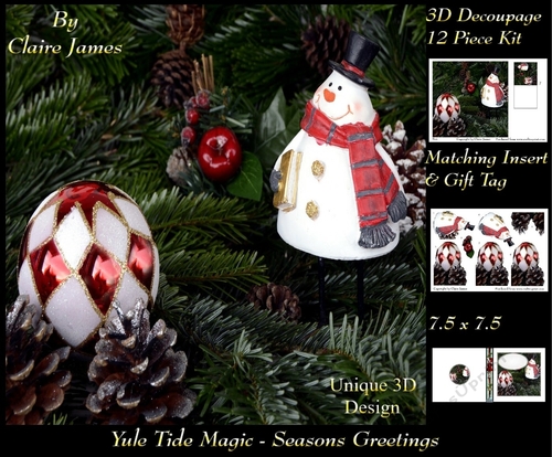 Yule Tide Magic - Snowman - 3D Decoupage Unique Design kit + Insert & Gift Tag