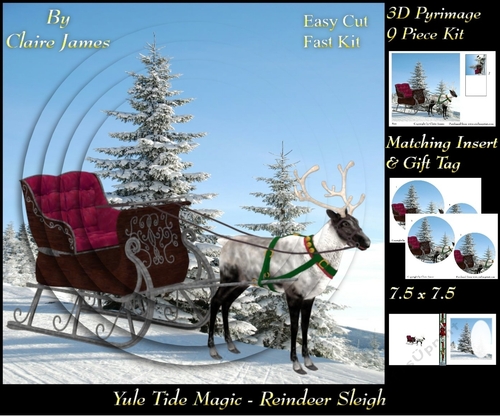 Yule Tide Magic - Reindeer Sleigh - 3D Pyramid/pyrimage + Insert & Gift Tag