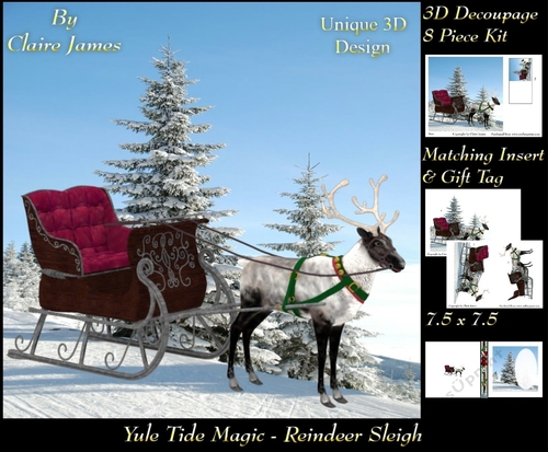 Yule Tide Magic - Reindeer Sleigh - 3D Decoupage Unique Design kit + Insert & Gift Tag