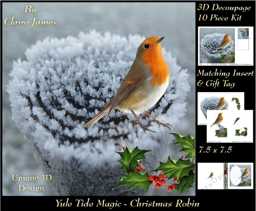 Yule Tide Magic - Christmas Robin - 3D Decoupage Unique Design kit + Insert & Gift Tag