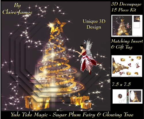 Yule Tide Magic - Sugar Plum Fairy & The Glowing Christmas Tree - 3D Decoupage Unique Design kit + Insert & Gift Tag