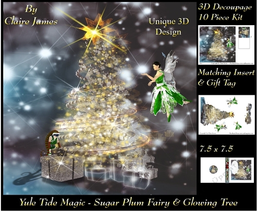 Yule Tide Magic - Sugar Plum Fairy & The Glowing Christmas Tree 2 - 3D Decoupage Unique Design kit + Insert & Gift Tag