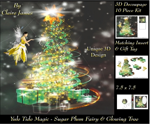 Yule Tide Magic - Sugar Plum Fairy & The Glowing Christmas Tree 3 - 3D Decoupage Unique Design kit + Insert & Gift Tag