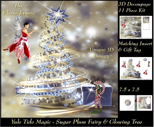 Yule Tide Magic - Sugar Plum Fairy & The Glowing Christmas Tree 4 - 3D Decoupage Unique Design kit + Insert & Gift Tag