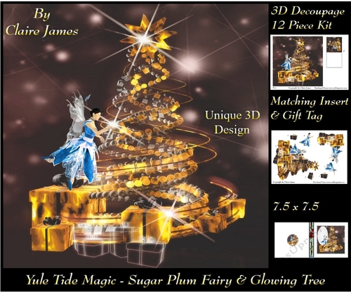 Yule Tide Magic - Sugar Plum Fairy & The Glowing Christmas Tree 5 - 3D Decoupage Unique Design kit + Insert & Gift Tag