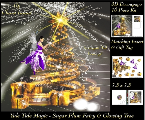 Yule Tide Magic - Sugar Plum Fairy & The Glowing Christmas Tree 6 - 3D Decoupage Unique Design kit + Insert & Gift Tag