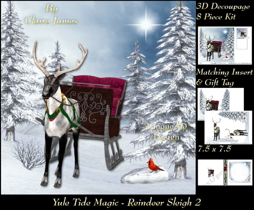 Yule Tide Magic - Reindeer Sleigh 2 - 3D Decoupage kit + Insert & Gift Tag