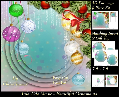 Yule Tide Magic - Beautiful Ornaments - 3D Pyramid/pyrimage + Insert & Gift Tag