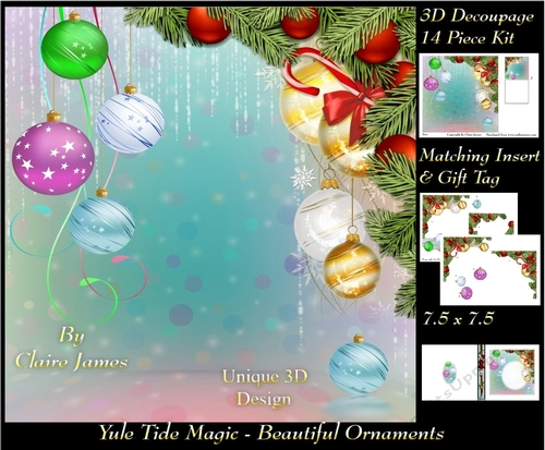 Yule Tide Magic - Beautiful Ornaments - 3D Decoupage kit + Insert & Gift Tag