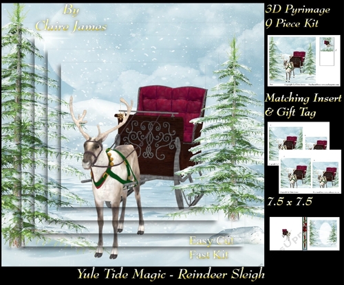 Yule Tide Magic - Reigndeer Sleigh - 3D Pyramid/pyrimage + Insert & Gift Tag