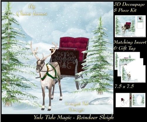 Yule Tide Magic - Reigndeer Sleigh - 3D Decoupage kit + Insert & Gift Tag