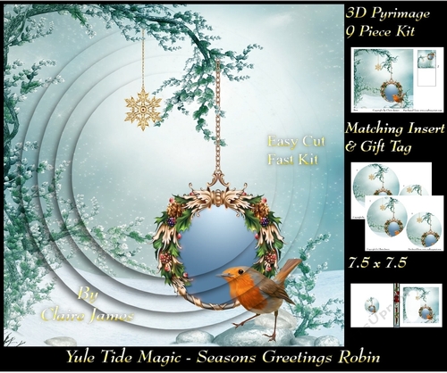Yule Tide Magic - Festive Robin Christmas - 3D Pyramid/pyrimage + Insert & Gift Tag
