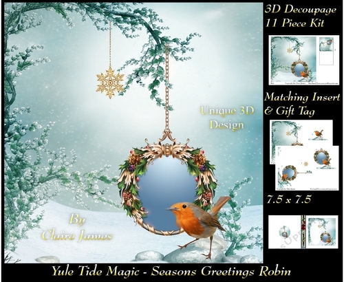 Yule Tide Magic - Festive Robin Christmas - 3D Decoupage kit + Insert & Gift Tag