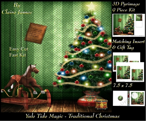 Yule Tide Magic - Traditional Christmas - 3D Pyramid/pyrimage + Insert & Gift Tag