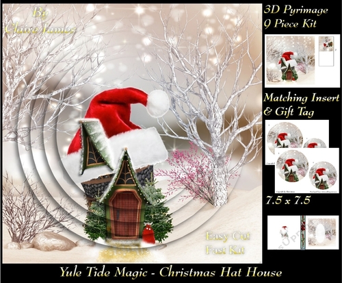 Yule Tide Magic - Christmas Hat House -  3D Decoupage + Insert & Tag