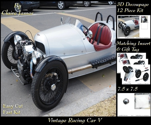 Sport - Vintage Racing Car 5 - 3D Decoupage + Insert & Tag
