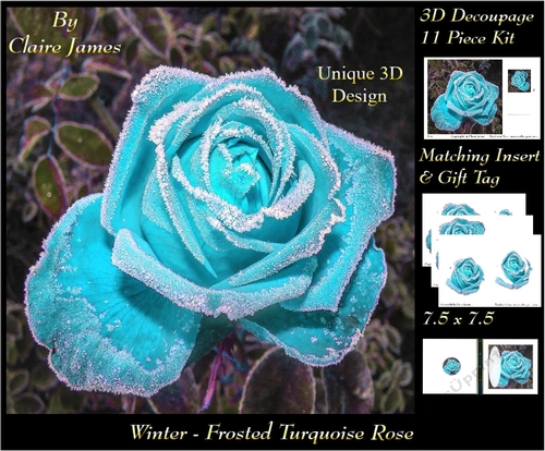 Winter - Frosted Torquiose Rose - Decoupage + Insert & Tag