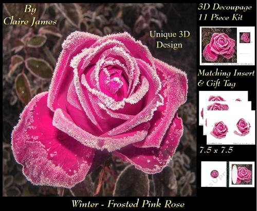 Winter - Frosted Pink Rose - Decoupage + Insert & Tag