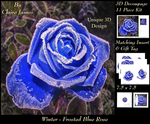 Winter - Frosted Blue Rose - Decoupage + Insert & Tag