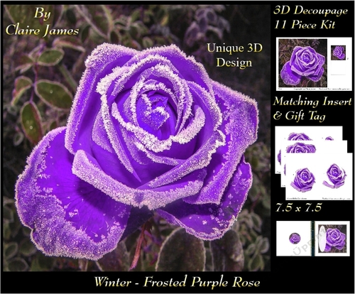 Winter - Frosted Purple Rose - Decoupage + Insert & Tag