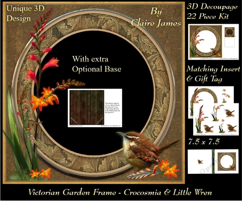 Victorian Garden - Crocosmia & Wren Frame & Card Kit Special 3D Decoupage + Insert & Tag