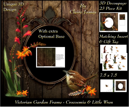 Victorian Secret Garden - Crocosmia & Wren Frame & Card Kit Special 3D Decoupage + Insert & Tag