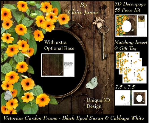 Victorian Secret Garden - Black Eyed Susan & Butterfly Frame & Card Kit Special 3D Decoupage + Insert & Tag
