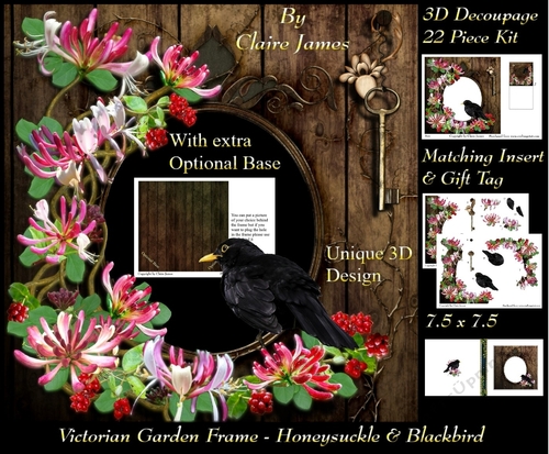 Victorian Secret Garden - Honeysuckle & Blackbird Frame & Card Kit Special 3D Decoupage + Insert & Tag