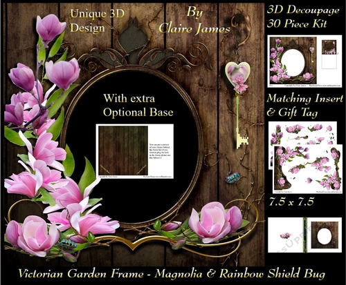 Victorian Secret Garden - Magnolia & Rainbow Shield Bug Frame & Card Kit Special 3D Decoupage + Insert & Tag