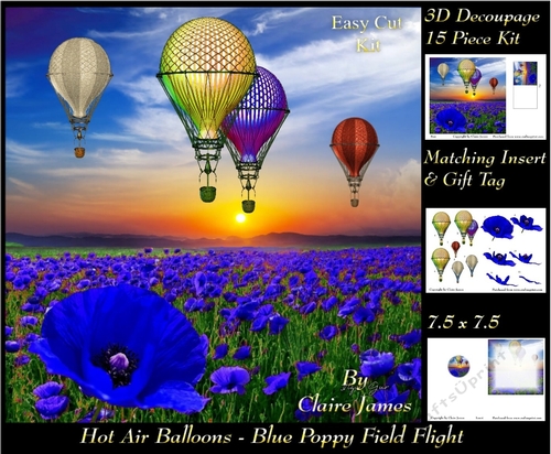 Hot Air Balloons - Blue Poppy Sunset Flight - 3D Decoupage + Insert & Tag