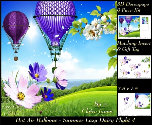 Hot Air Balloons - Balloon Daisy Flight 4 - 3D Decoupage + Insert & Tag