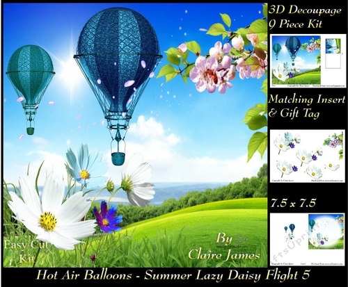 Hot Air Balloons - Balloon Daisy Flight 5 - 3D Decoupage + Insert & Tag