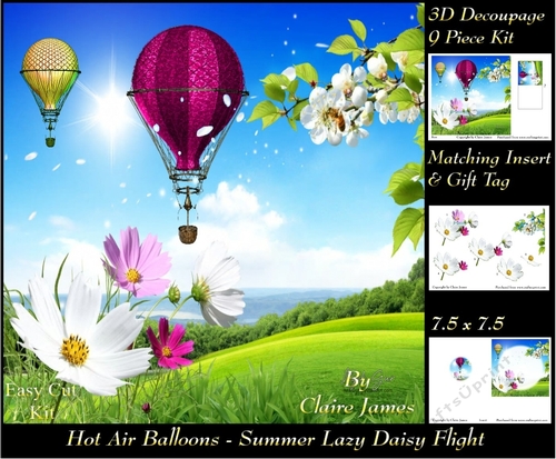 Hot Air Balloons - Balloon Daisy Flight - 3D Decoupage + Insert & Tag