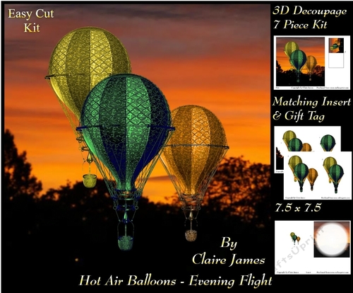 Hot Air Balloons - Balloon Evening Flight - 3D Decoupage + Insert & Tag