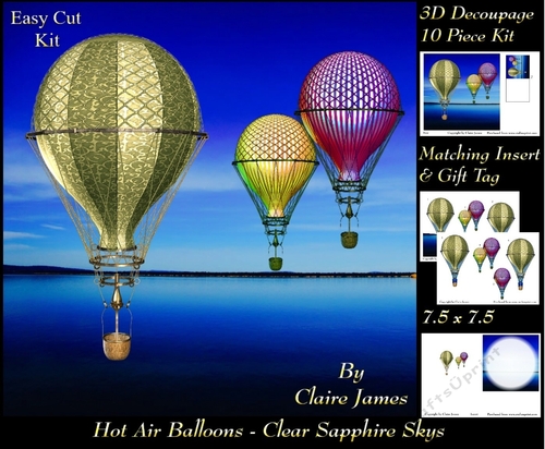 Hot Air Balloons - Balloon Flight Clear Saphire Skys - 3D Decoupage + Insert & Tag
