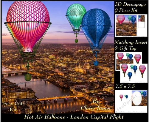 Hot Air Balloons - London Capital Flight - 3D Decoupage + Insert & Tag