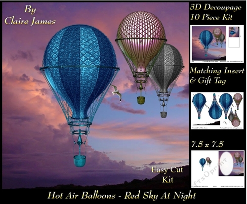 Hot Air Balloons - Red Sky At Night - 3D Decoupage + Insert & Tag