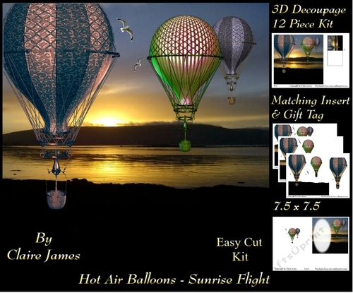 Hot Air Balloons - Sunrise Flight - 3D Decoupage + Insert & Tag