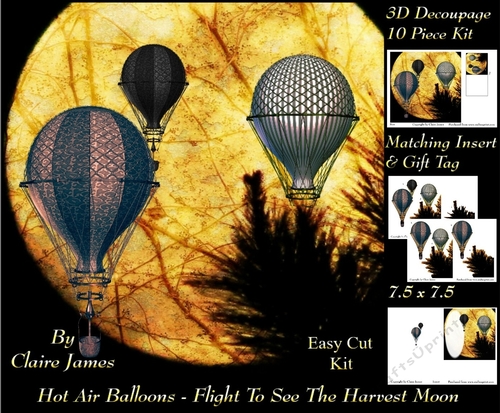 Hot Air Balloons - Flight To See The Harvest Moon - 3D Decoupage + Insert & Tag