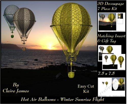 Hot Air Balloons - Winter Sunrise Flight - 3D Decoupage + Insert & Tag