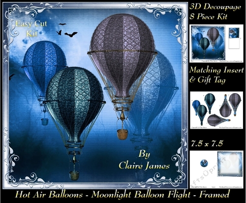 Hot Air Balloons - Moonlight Balloon Flight Framed - 3D Decoupage + Insert & Tag